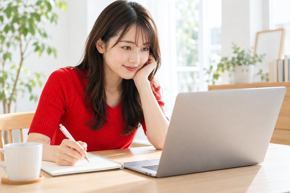 ノートパソコンの横にメモ帳を置いて、録画した配信を見ながら気づいたことを書き留める20代の女性