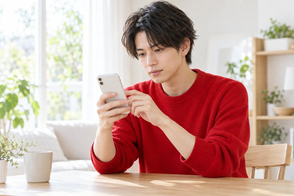 明るい部屋の机で、ガイドラインのページを開いたスマホを確かめている20代の男性