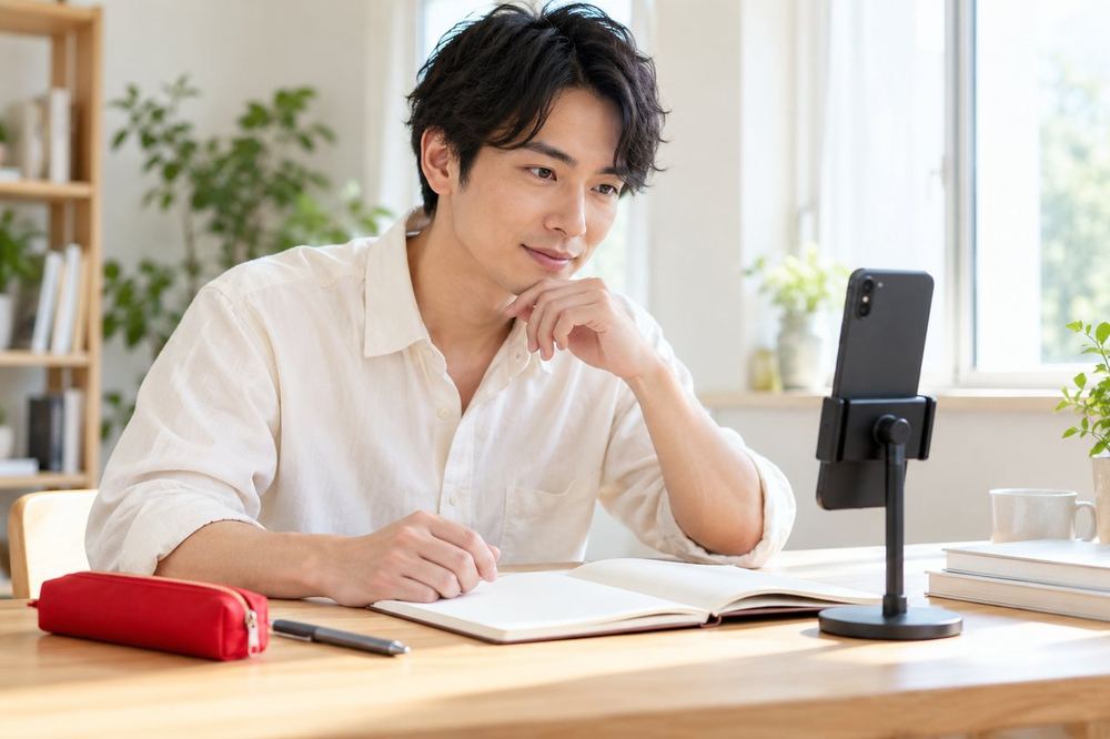 窓際の席で男性がノートとペンを机に並べ、作業配信で映す範囲をスマホのカメラ越しに確かめている