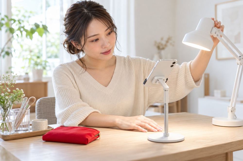明るいデスクで女性が、手元を照らすライトの位置を直し、スマホのカメラ越しに手元の映りを確かめている