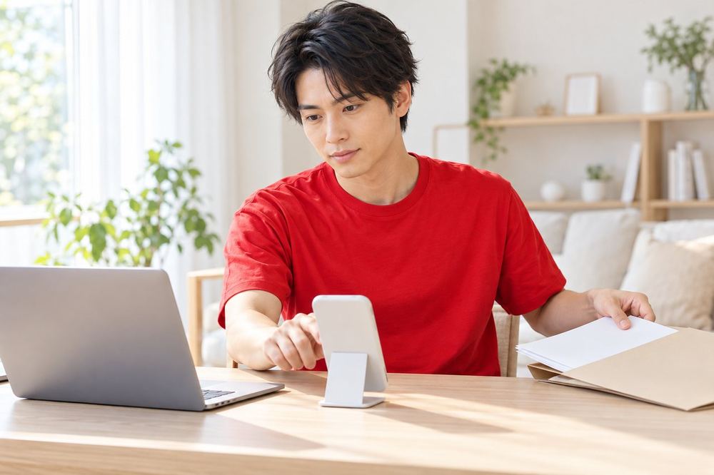 机で男性が、背景の書類やスマホの通知を片づけながら、配信前に映り込みを確認している