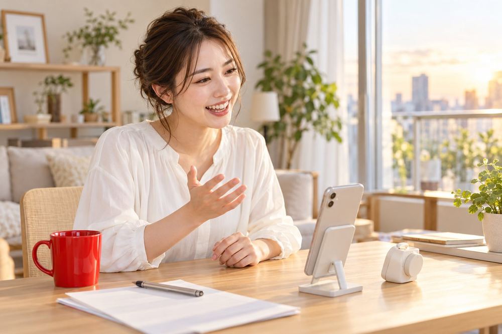 夕方の部屋で女性が、タイマーを机に置いて、作業の合間にスマホのコメントに笑顔で答えている