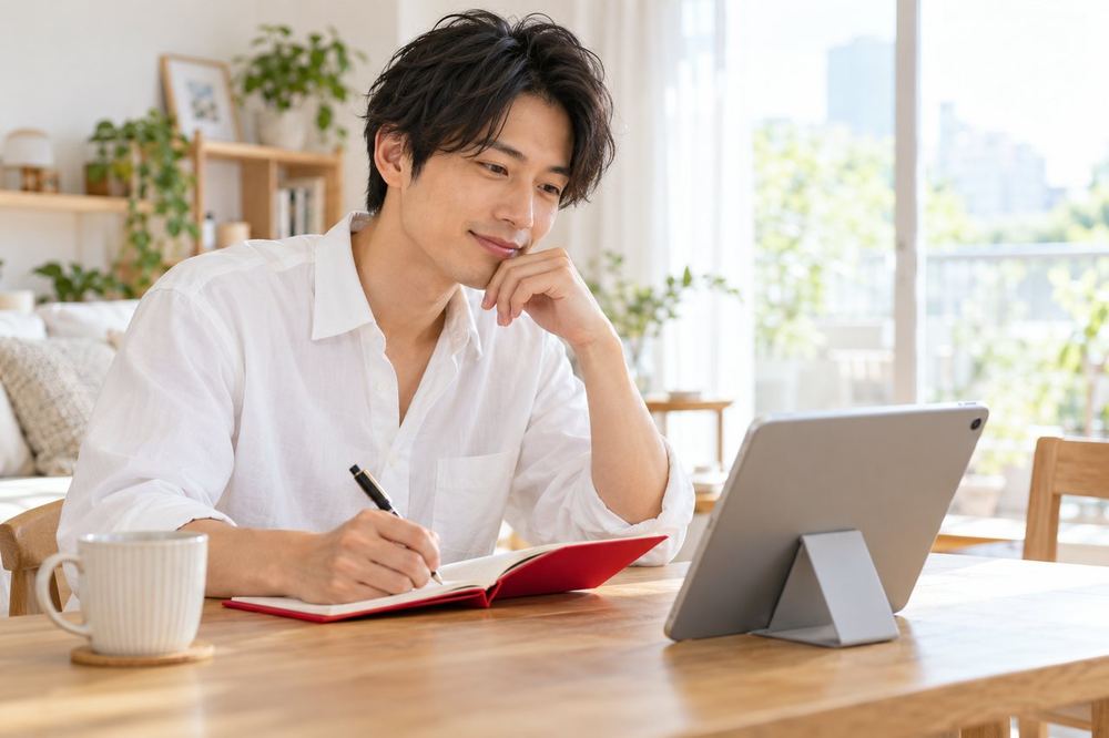 休日の午後、男性がタブレットで配信のリプレイを再生しながら、次に直すことを手帳に1つ書いている
