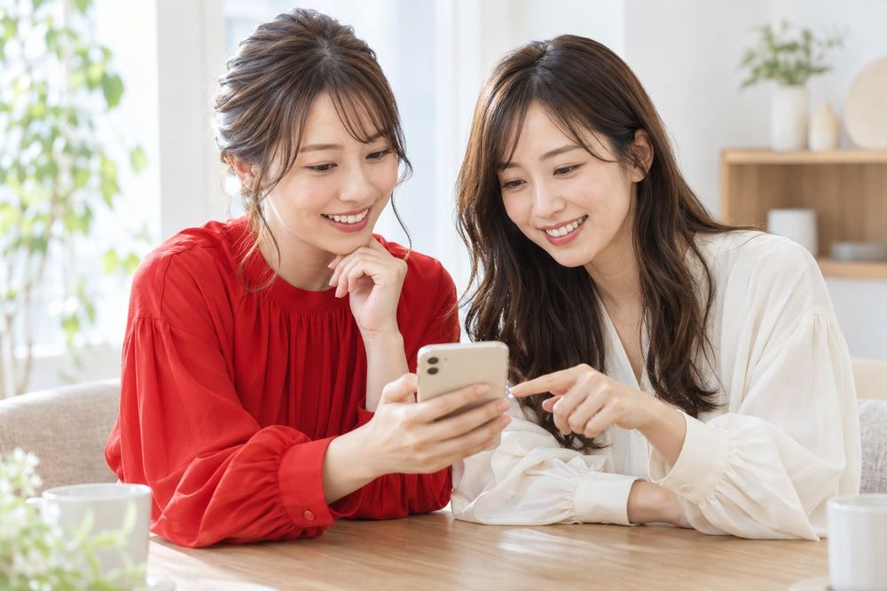 明るい部屋で、女性ふたりがスマホを見ながら、配信の企画や進め方について相談している