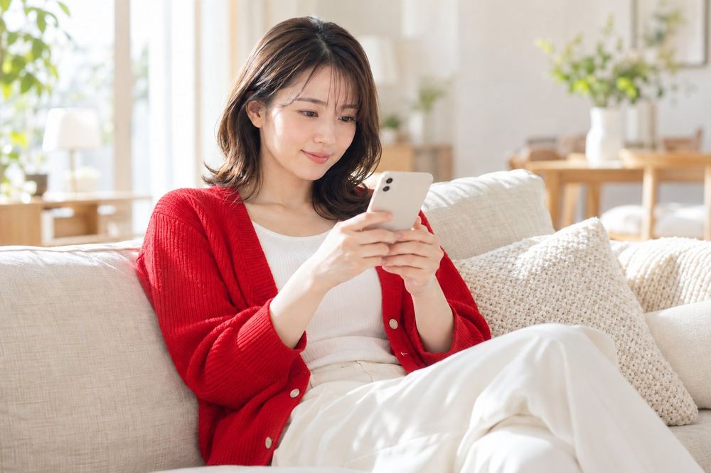 明るい部屋で、女性がソファに座って、スマホの通知を落ち着いて読んでいる
