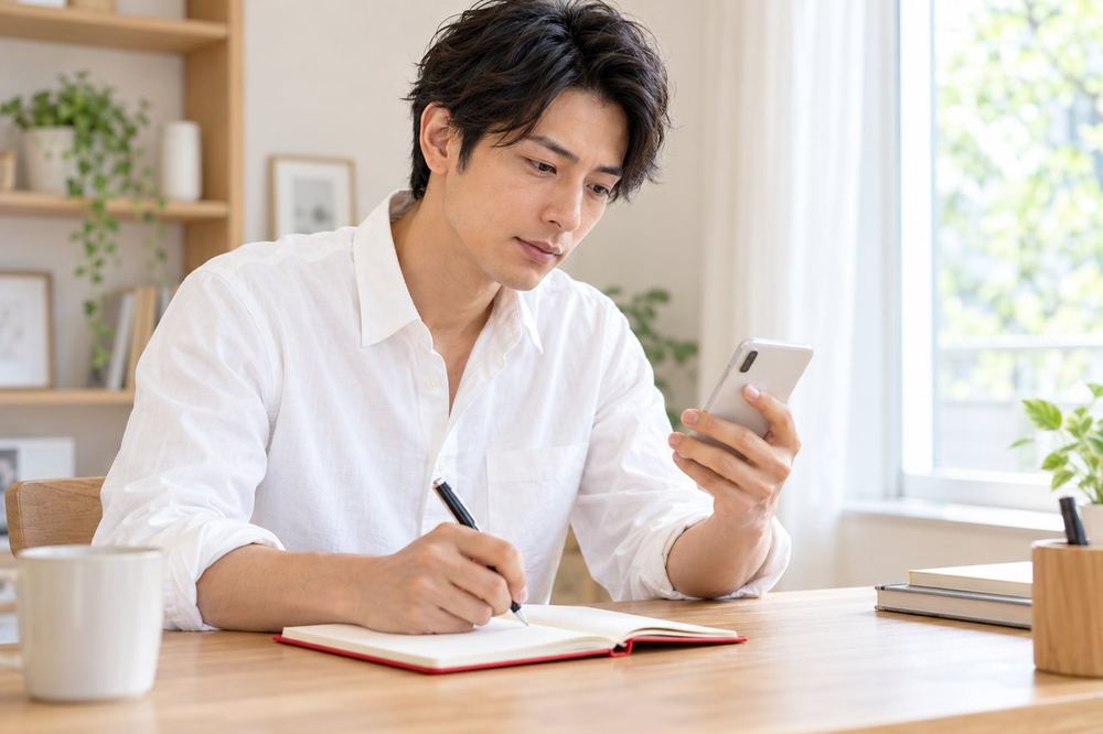 窓際の机で男性が、スマホの画面を見ながら、通知の内容をノートに書き写している