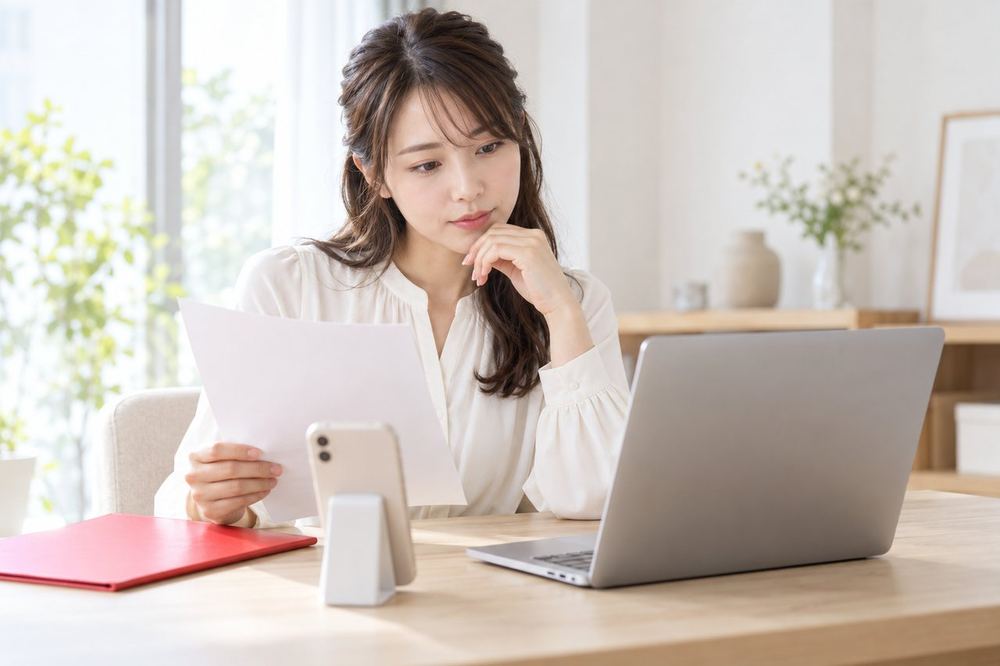 机の前で女性が、ガイドラインの文章を読みながら、自分の配信を振り返っている