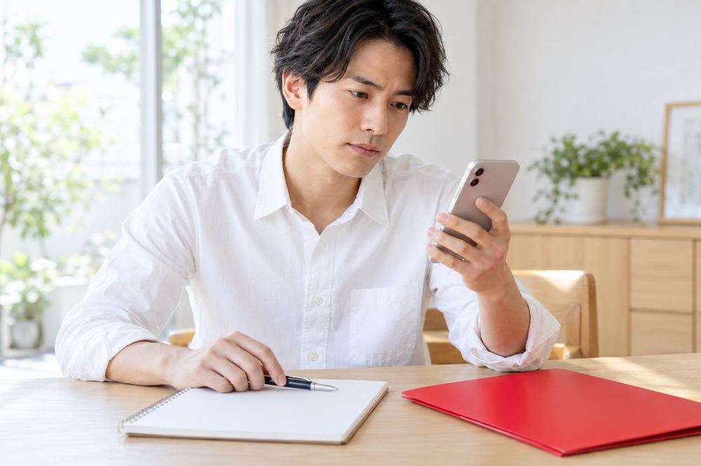 落ち着いた部屋で、男性がスマホの通知画面を確認しながら、異議申し立ての準備をしている