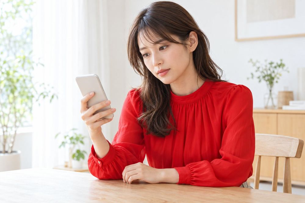 机の前で女性が、スマホを手に持ち、操作を思いとどまって画面を見つめている