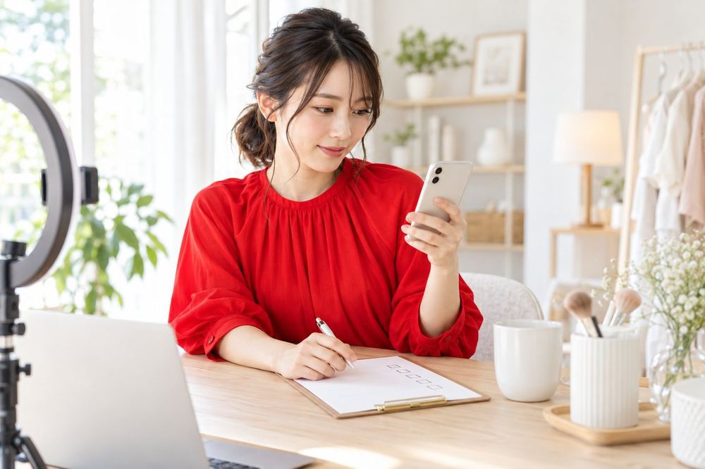 明るい部屋で、女性が配信前のチェックリストを見ながら、スマホの設定を確認している