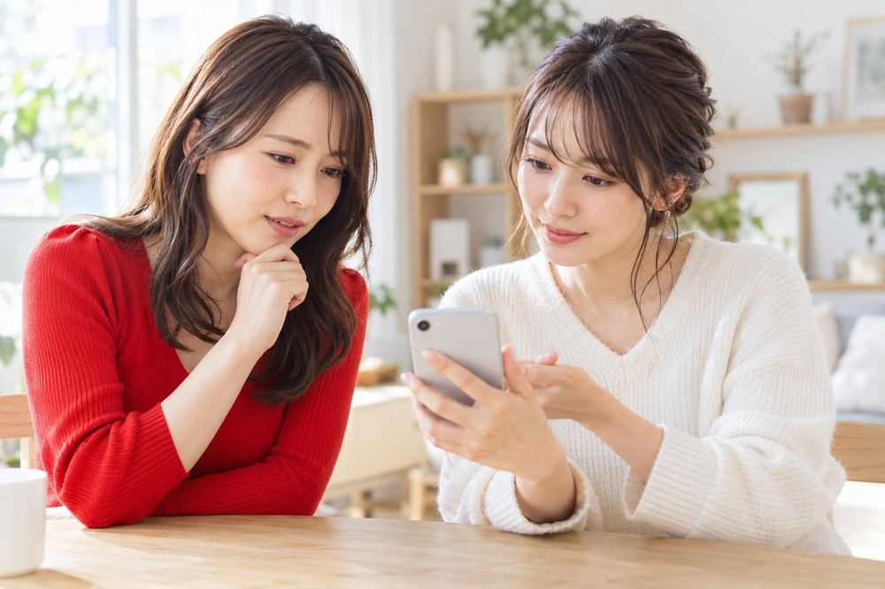 明るい部屋で、女性ふたりがスマホを見ながら、配信での困りごとを相談している