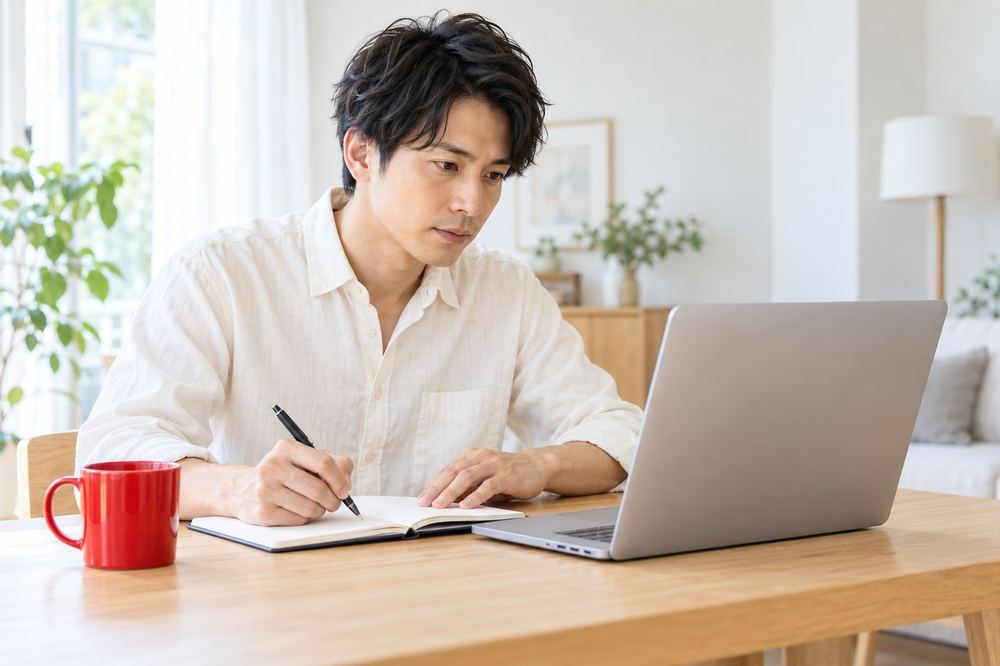 30代の男性がノートパソコンで公式ページの条件の一覧を読み、一つずつ確認しながらメモを取っている