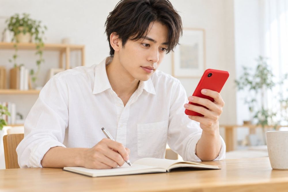 20代の男性がスマホの画面を見ながら、手元のノートに用語の違いを書いて整理している