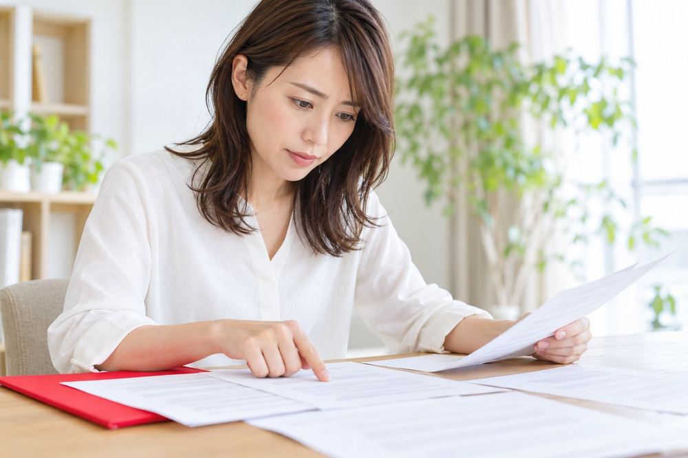 30代の女性が机に契約書の書類を広げ、報酬に関する箇所を指でたどりながら読んでいる