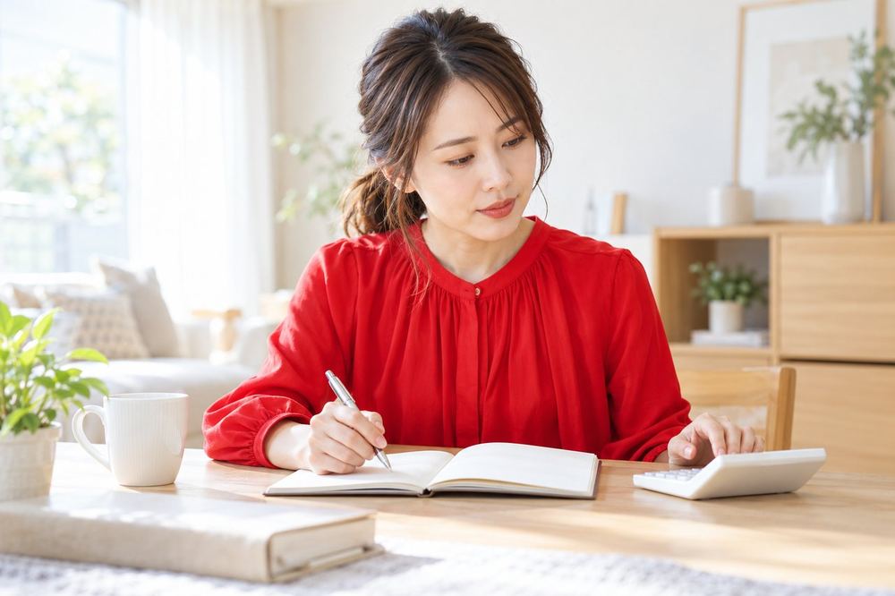 30代の女性が部屋の机で電卓とノートを広げ、収入の記録を整理しながら考えている