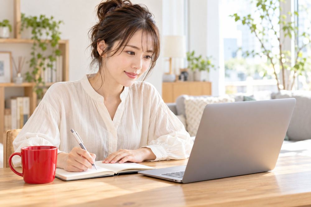 20代の女性が配信を終えたあと、リプレイを見返しながらノートに気づいたことを書き留めている