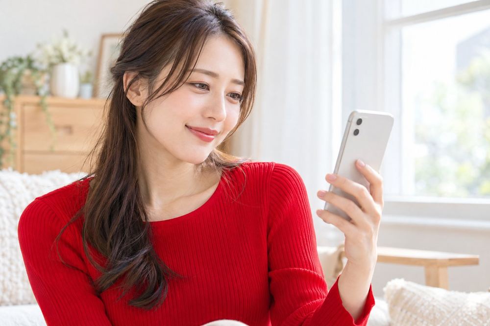 女性がスマホ1台を手に持ち、窓際の明るい部屋で配信の画面を確かめている