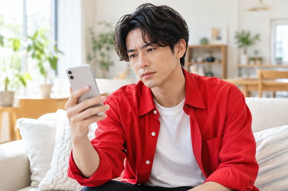 男性が手に持ったスマホの画面を見ながら、映像が揺れていることに気づいている