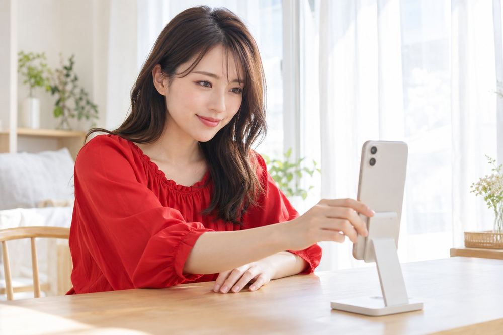 女性が窓際の机にスマホを立てかけて、画面に映る自分の顔の明るさを確かめている