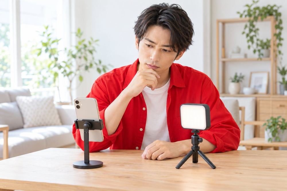男性が机の上に並べたスマホスタンドとライトを見比べて、必要なものを考えている