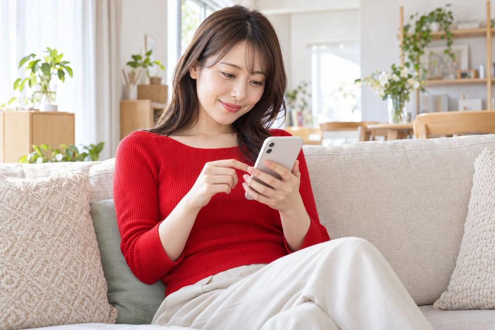 女性が部屋のソファに座り、スマホで自分の配信のリプレイを見返している