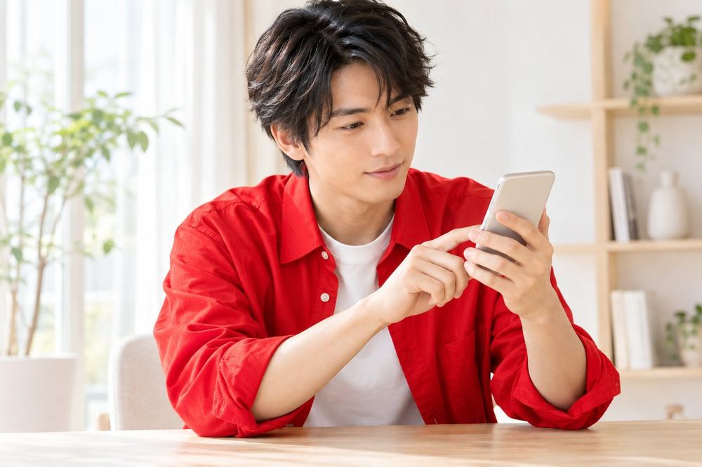 男性が机の上で、スマホの設定画面を開いて通知をオフにしている