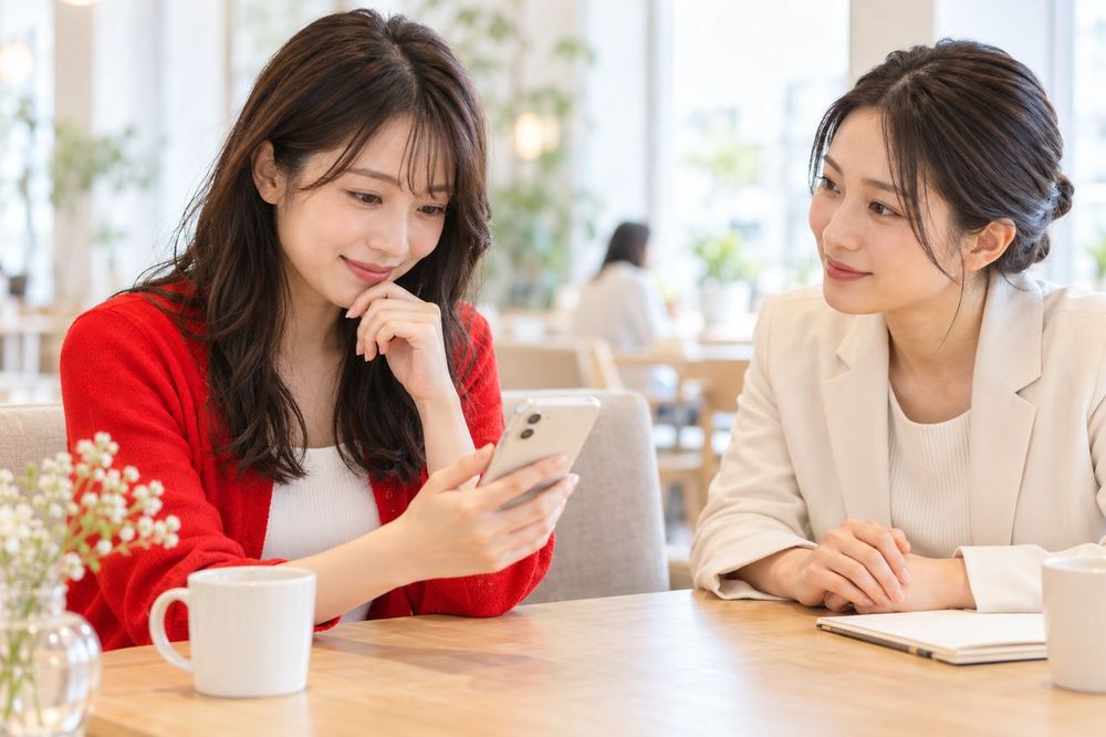 女性がカフェで、スマホのメッセージ画面を見ながら配信について相談している