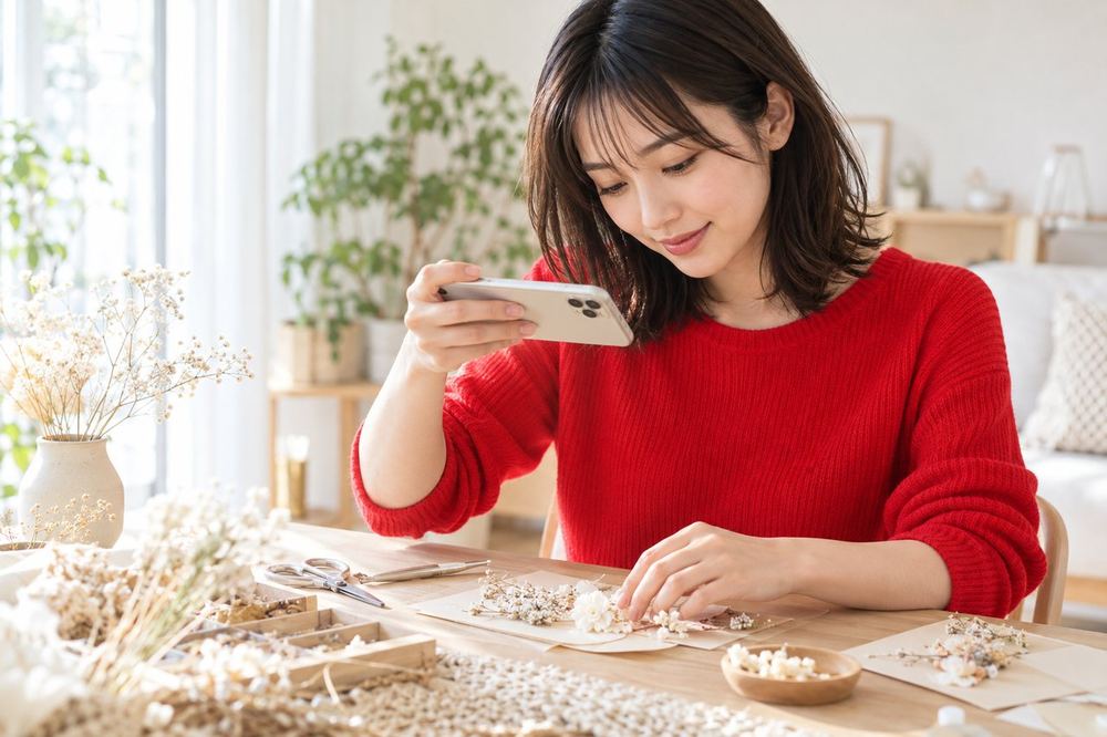 20代の女性が部屋の机で、スマホの背面のカメラを机の上の手作業に向けて構えている