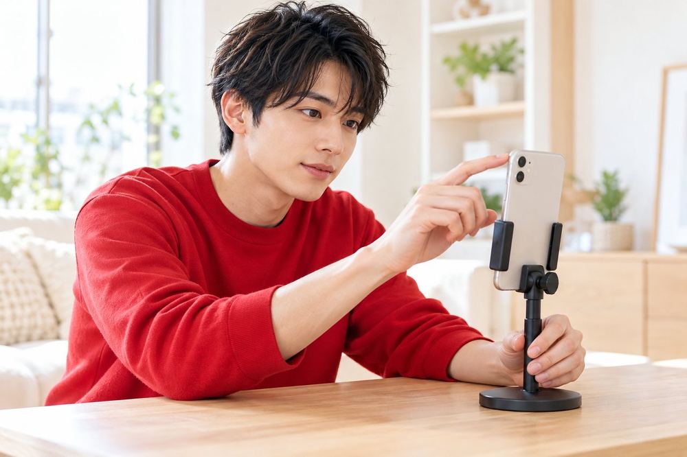20代の男性がスマホスタンドにスマホを立てて、カメラの向きと画角を指で確かめている