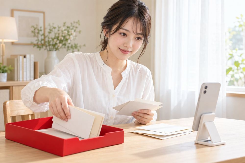 20代の女性が窓際の部屋で、スマホの画面に映る背景を確かめ、机の上の封筒を片づけている