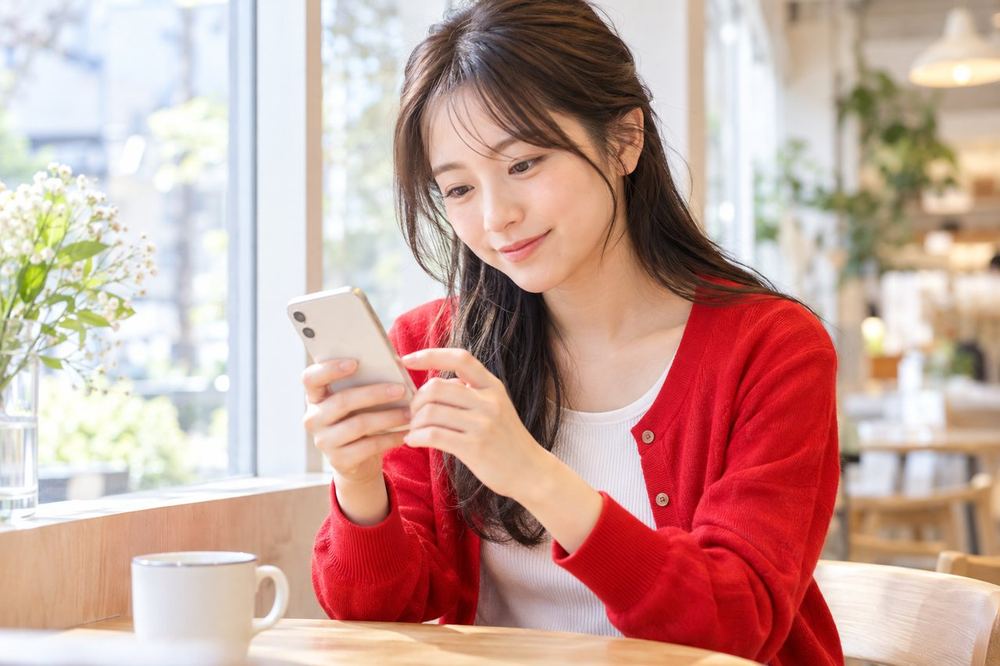 20代の女性がカフェの窓際の席で、スマホの画面を見ながら配信の映りについて誰かにメッセージで相談している