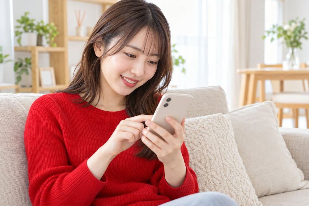 20代の女性がソファに座り、好きな配信者のLIVEを見ながらスマホの画面で応援の方法を調べている