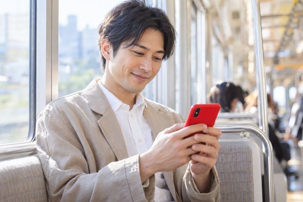 30代の男性が電車の中でスマホを見て、応援している配信者のLIVEにバッジが表示されるのを楽しんでいる