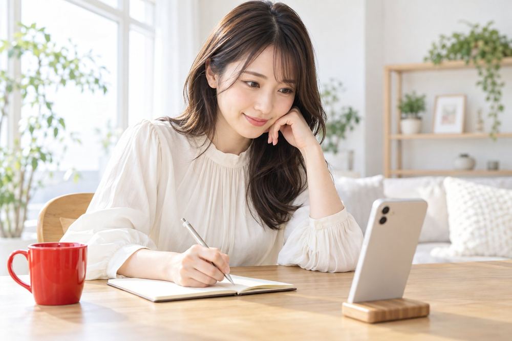 20代の女性がデスクでスマホのLIVEセンターを開き、次の配信で決める目標と特典をノートに書き出している