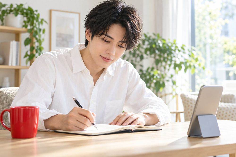 20代の男性が部屋の机に向かい、スマホを横に置いて、スーパーファンに用意する特典の案をノートに書いている