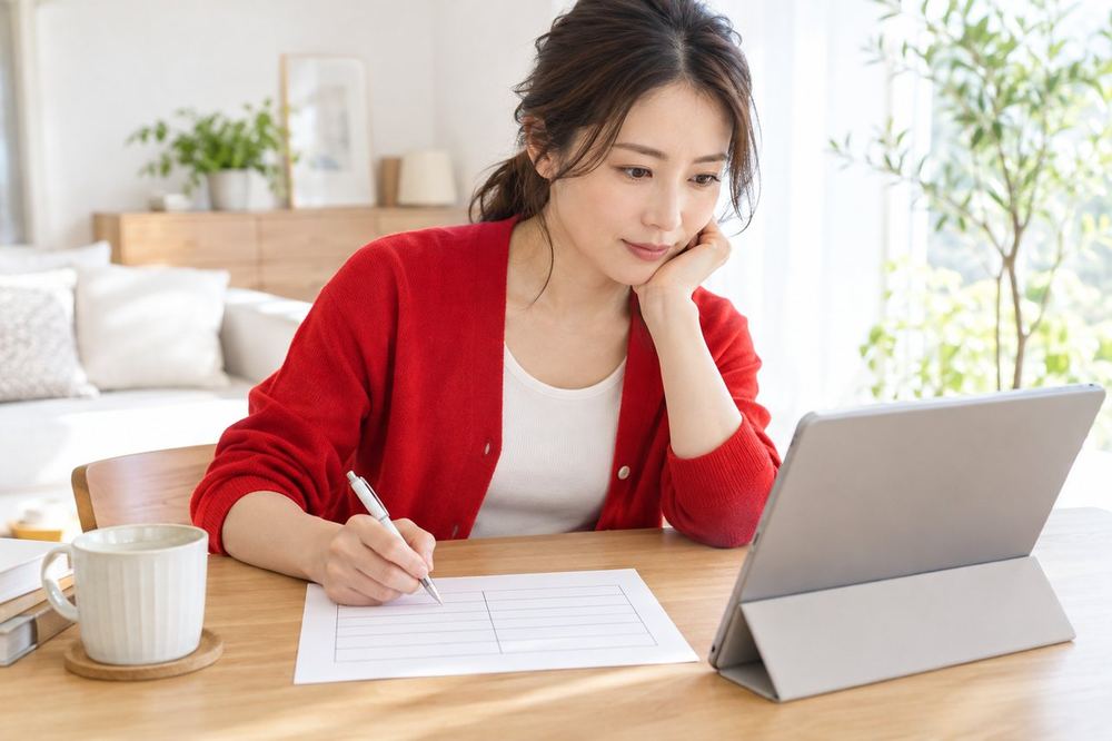 30代の女性がタブレットを見ながら、サブスクとスーパーファンの違いを2列の表にして書き出している