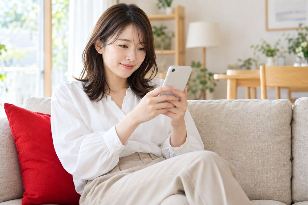 女性がソファに座り、スマホで配信の準備画面を確かめている