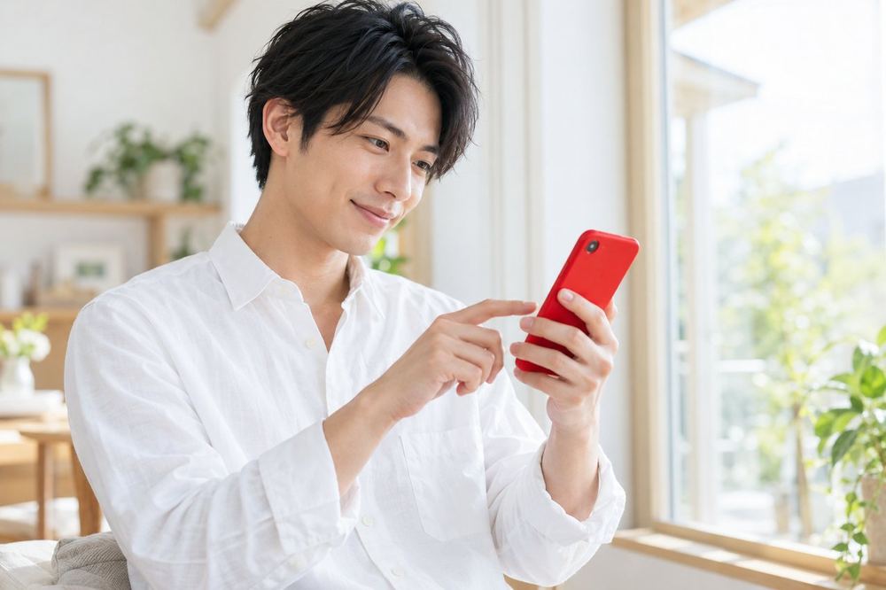男性が窓際で、スマホの画面を見ながら配信ボタンを押そうとしている