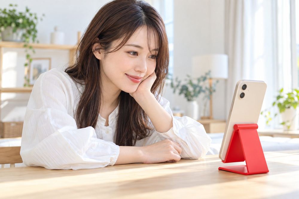 女性が机にスマホを立てかけ、画面に映る自分の顔の明るさを確かめている