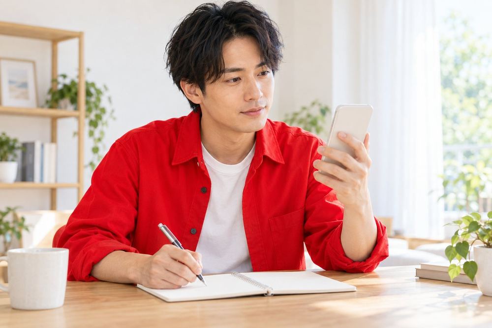 男性が机で、スマホの画面を見ながらメモを取って疑問点を整理している