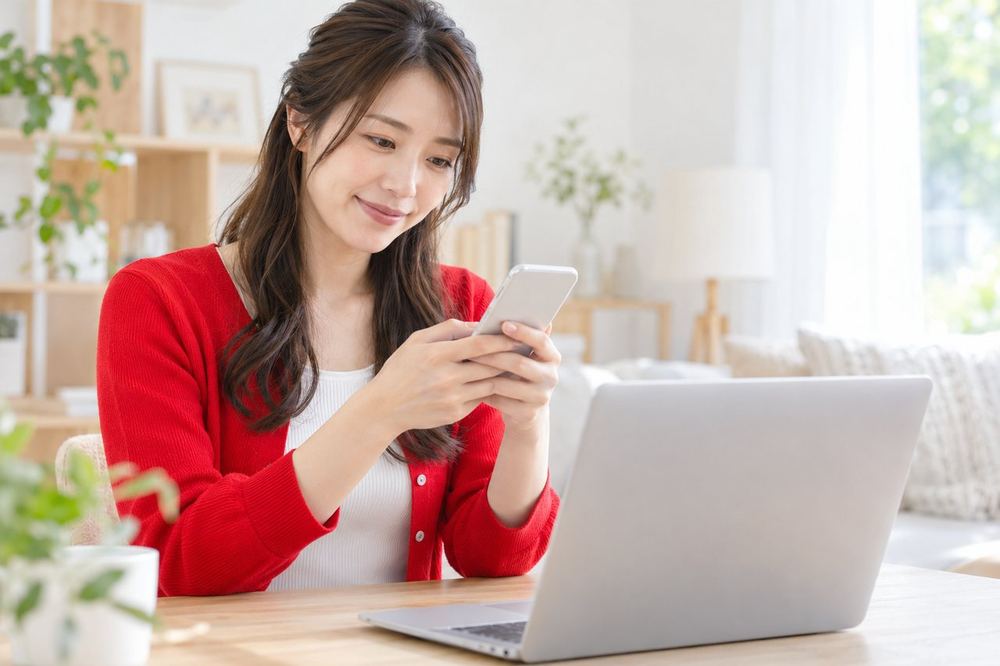 女性がスマホでメッセージを送りながら、配信についてオンラインで相談している