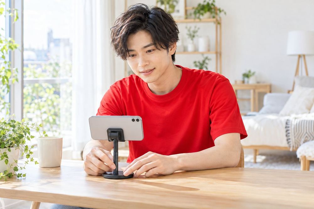 窓際の机でスマホを横向きに立てて、一人で配信の準備をしている20代の男性