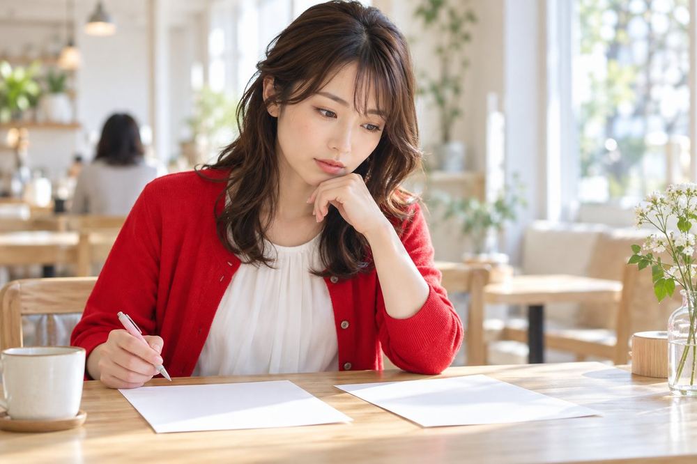 カフェで女性が二つの選択肢を紙に書き出して、見比べながら考えている