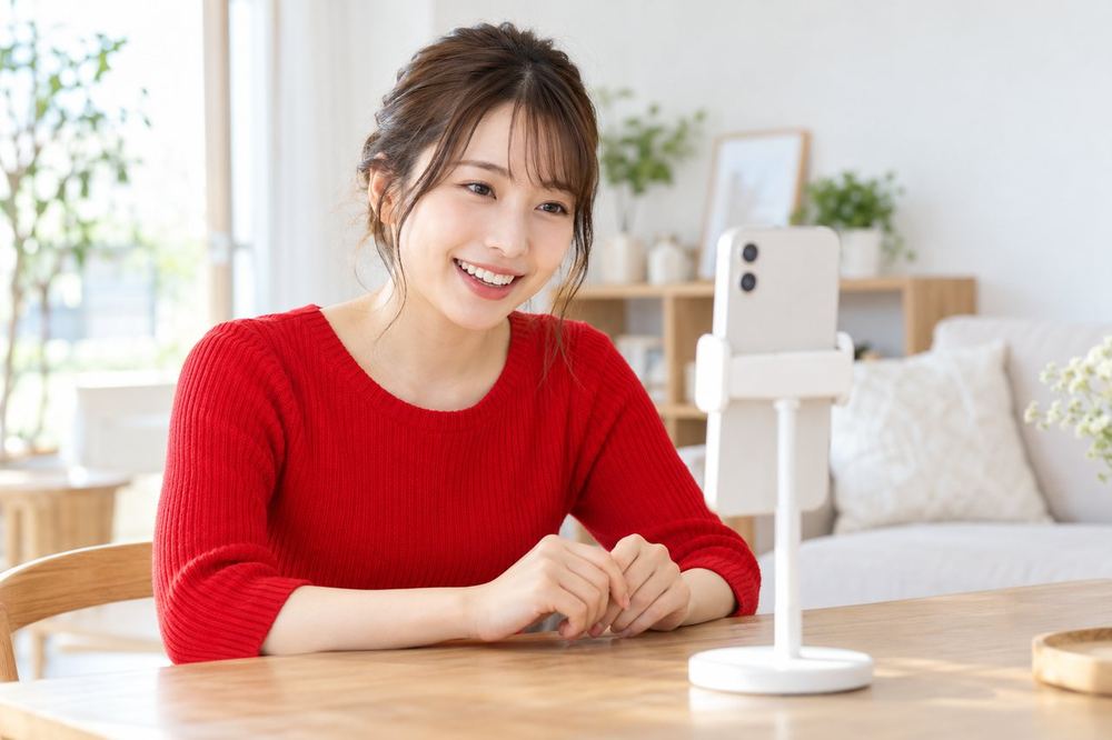 女性が部屋でスマホのカメラに向かって笑顔で話し、ライブ配信をしている
