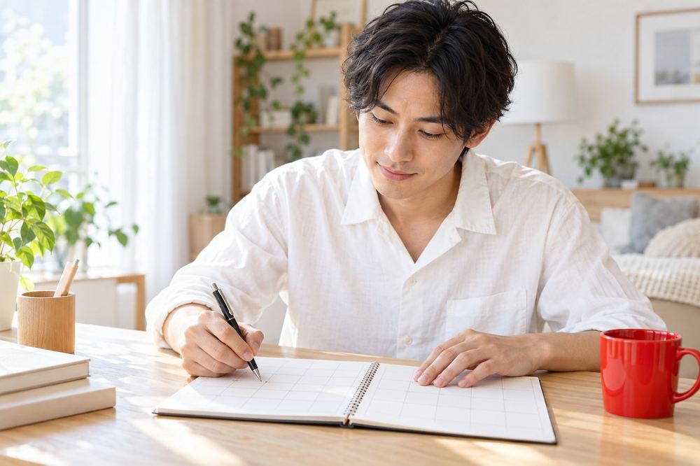 男性が机で、配信の予定をカレンダーに書き込みながら計画を立てている