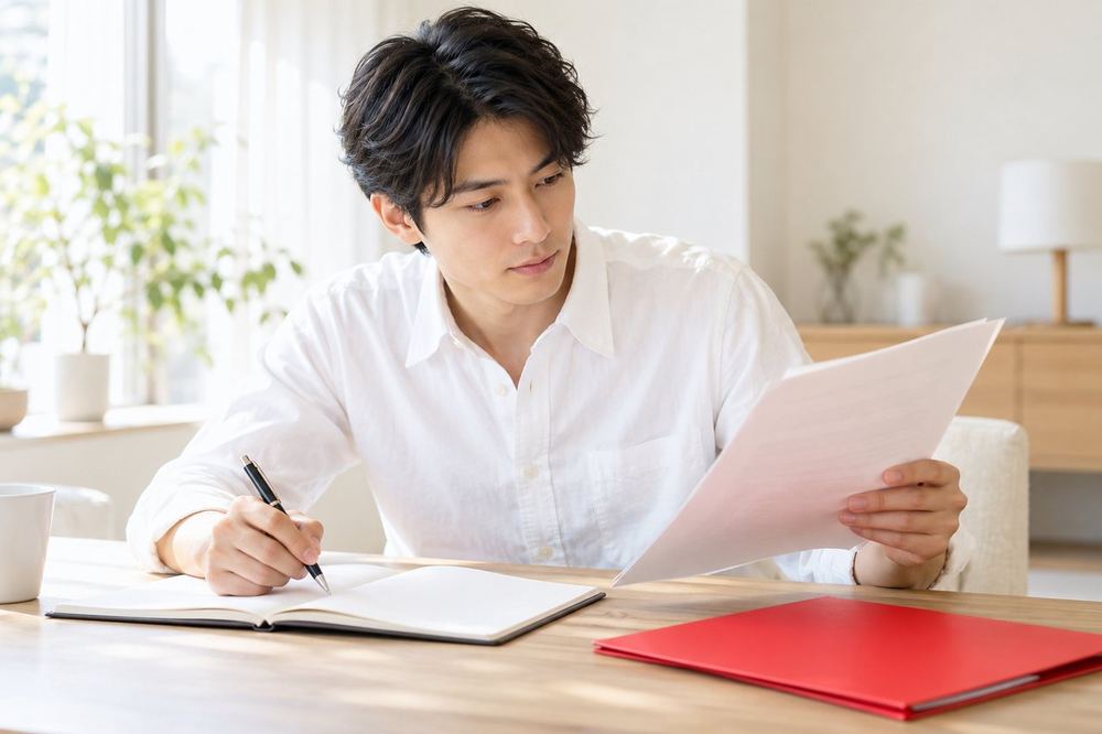 男性が机の上で、契約書の内容を確かめながらメモを取っている
