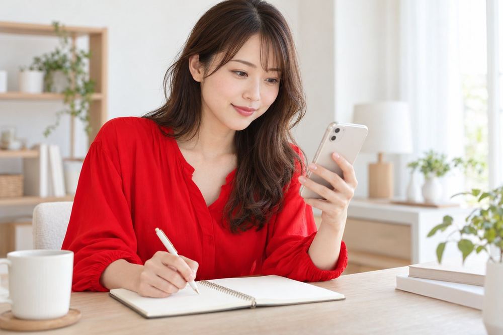 女性がスマホのメッセージ画面を見ながら、配信の相談内容を整理している