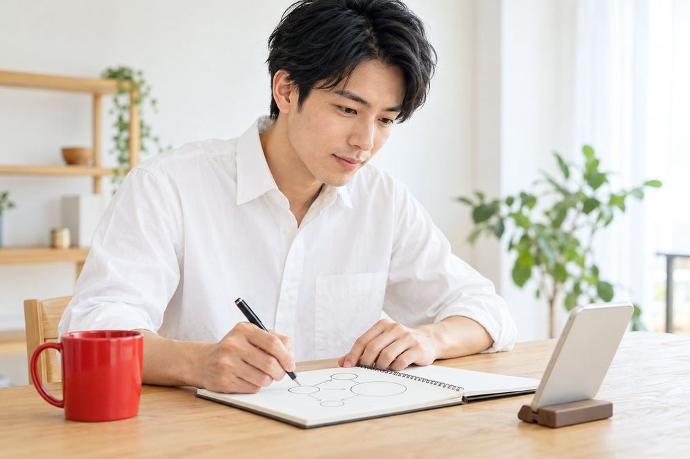 男性が机の上のスマホを見ながら、ノートにお金の流れの図を書いている