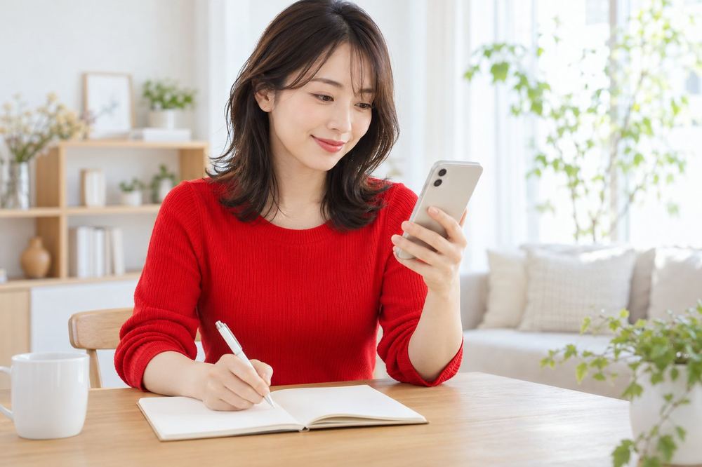 女性がスマホのギフト一覧の画面を見て、メモを取りながら内容を確かめている