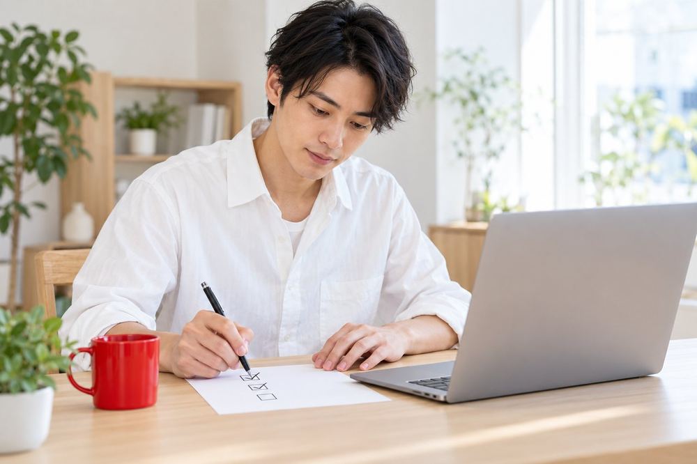 男性がパソコンの前で、配信の条件を一つずつ確認しながらチェックしている